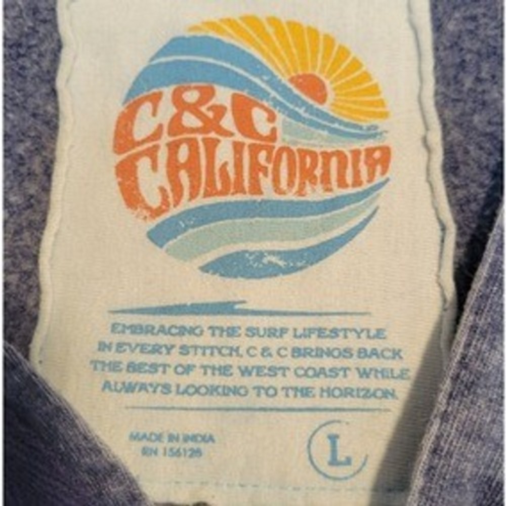 C&C California Men's L Blue Acid Wash Henley Graphic Hoodie Sun Wave Surf Beach‎ - Picture 4 of 7